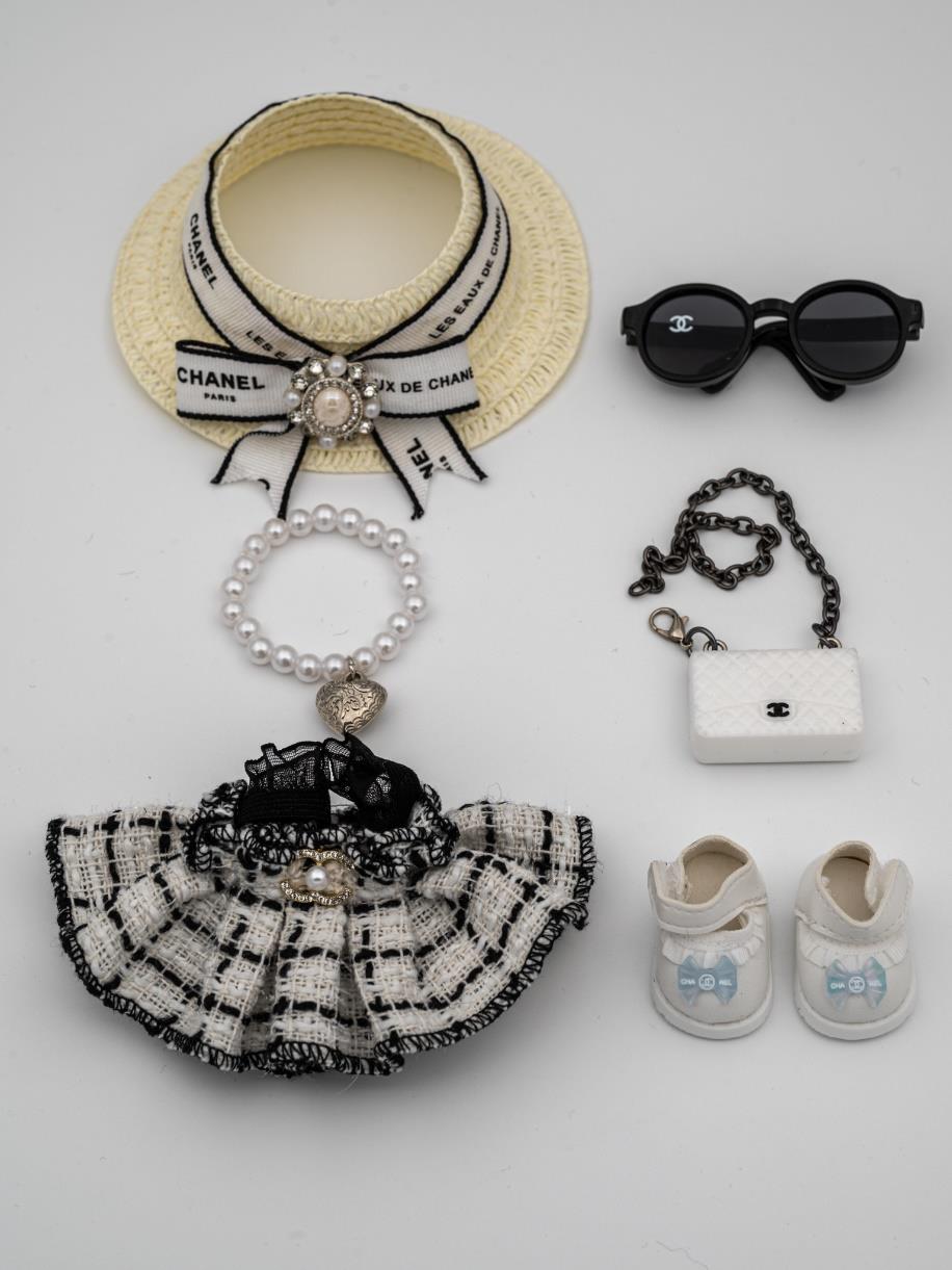 Chanel white dress ensemble with double flap bag