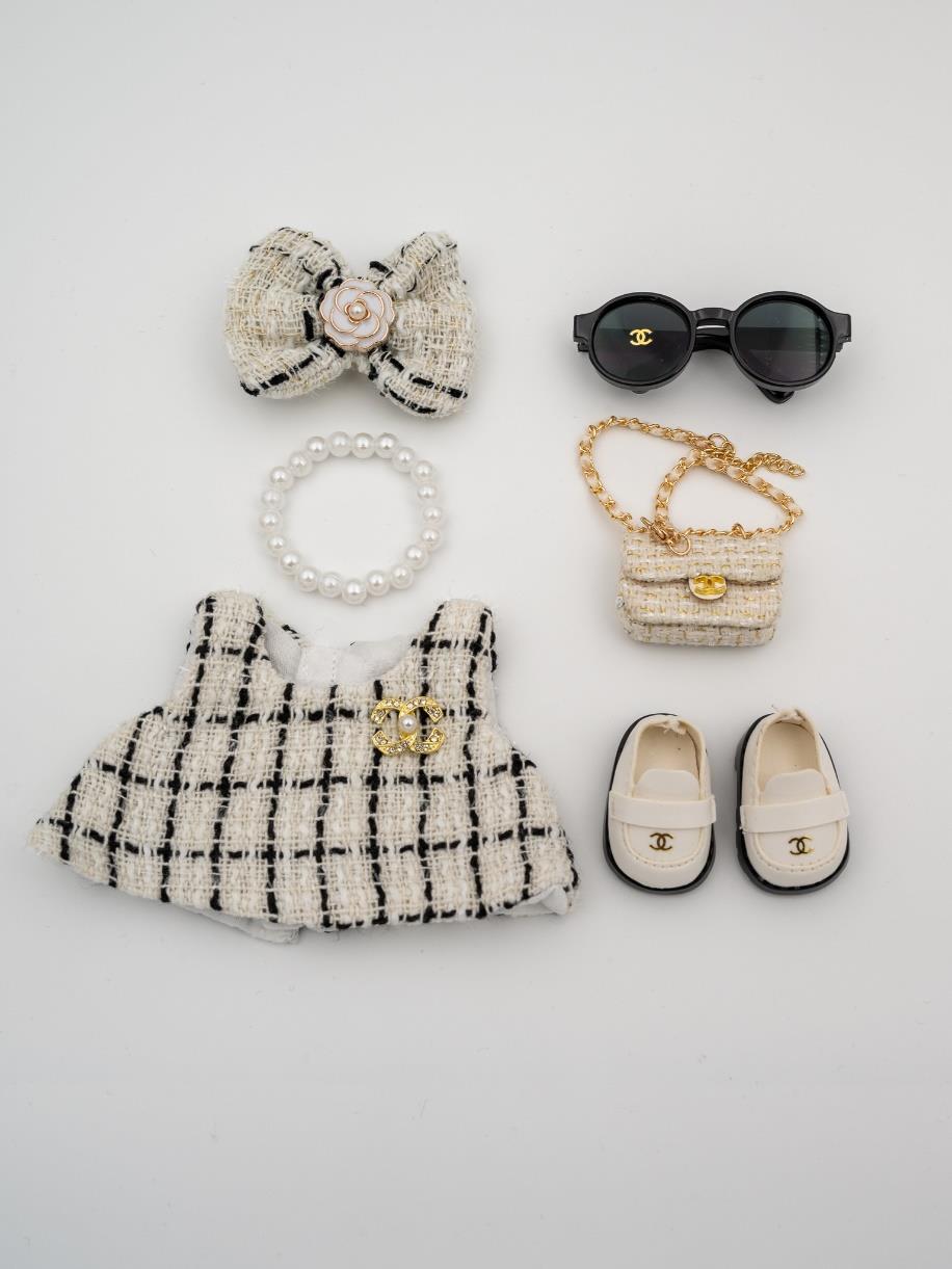 Chanel cream tweed dress and rose bow