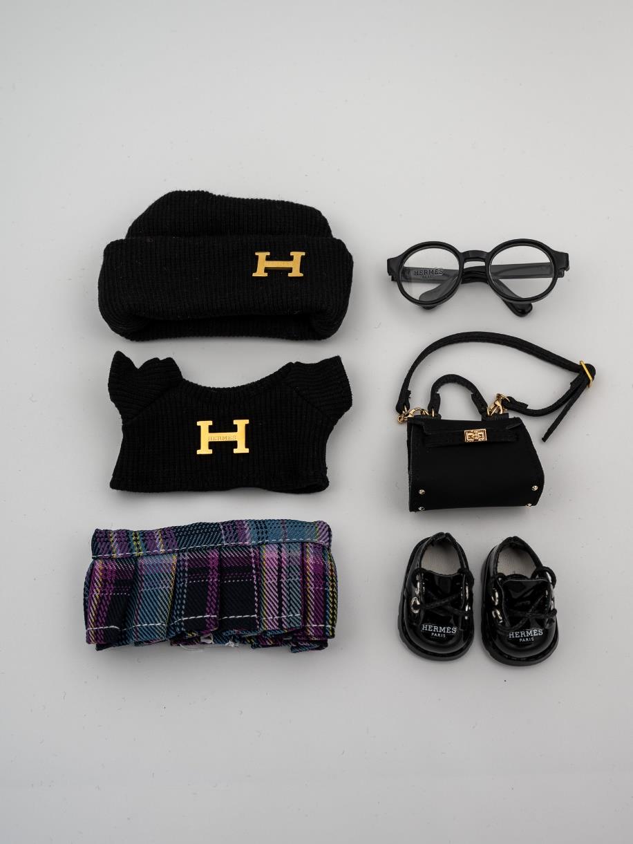 Hermes blue and purple plaid skirt ensemble