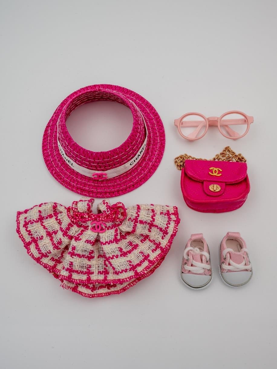 Chanel pink and cream tweed dress ensemble