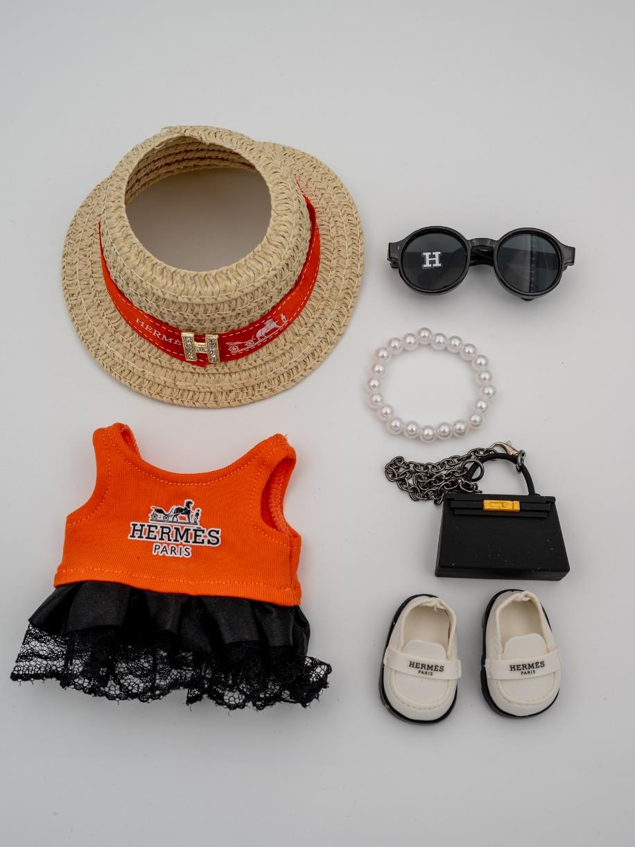 Signature Hermes orange and black lace dress ensemble