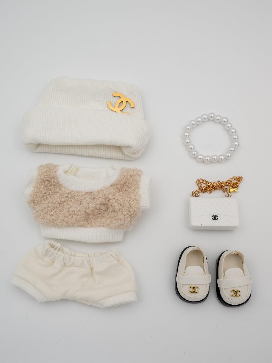 Chanel furry beige fur and white sweater ensemble